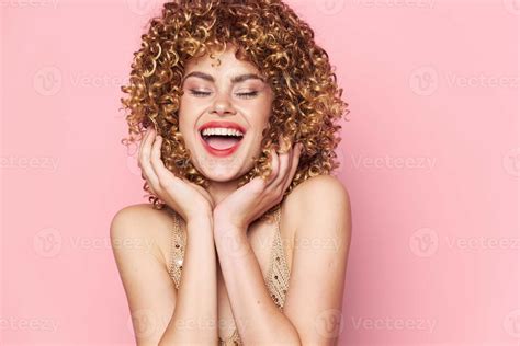 Beautiful woman Curly hair fun closed eyes Big smile 22522079 Stock ...