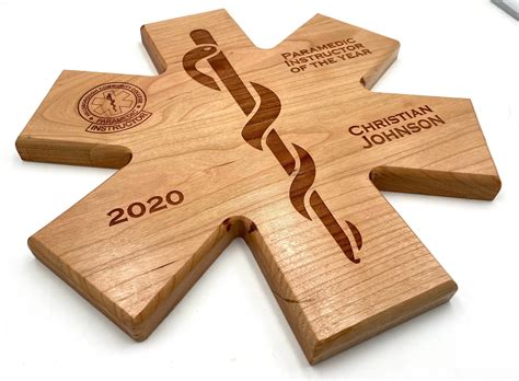 Star of life first responder cherry wood award plaque custom laser