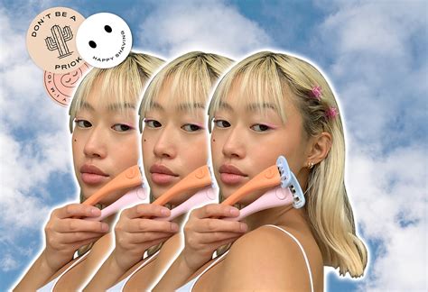 Three duplications of a model holding two Estrid razors against a blue ...