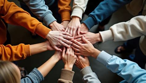 diverse people join hands  circle hands stack   symbol