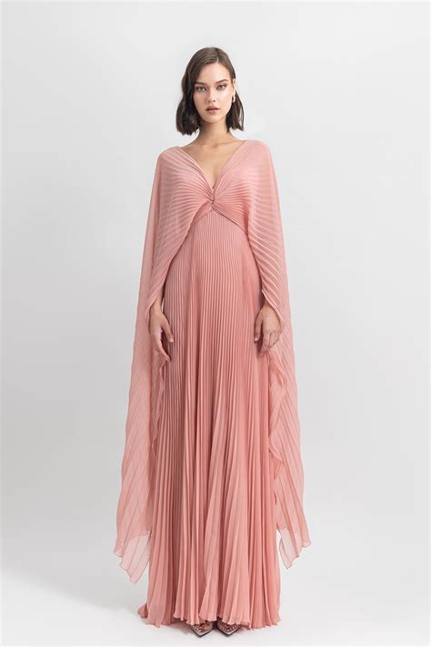 Cape sleeves pleated chiffon dress | Chiffon dress, Evening gowns