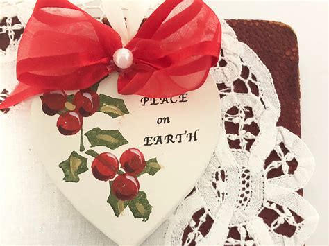 Holly and Berries Christmas Heart Ornaments, Wood Xmas Heart Decor, Red