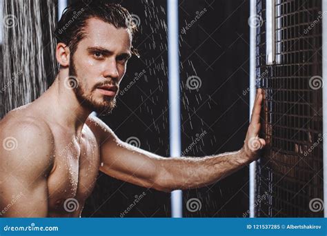 naked attractive man   douch bath stock image image  morning