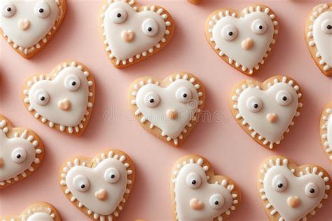 Adorable Heart-Shaped Decorated Cookies on Pink. Love Concept. Stock ...