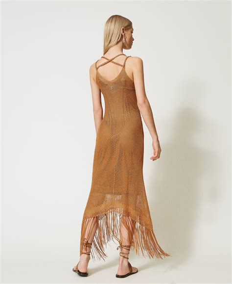 Long mesh dress with beads and fringes Woman, Brown | TWINSET Milano
