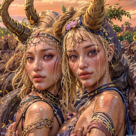 Two women with horns and headdress standing in front of a rock - SeaArt AI