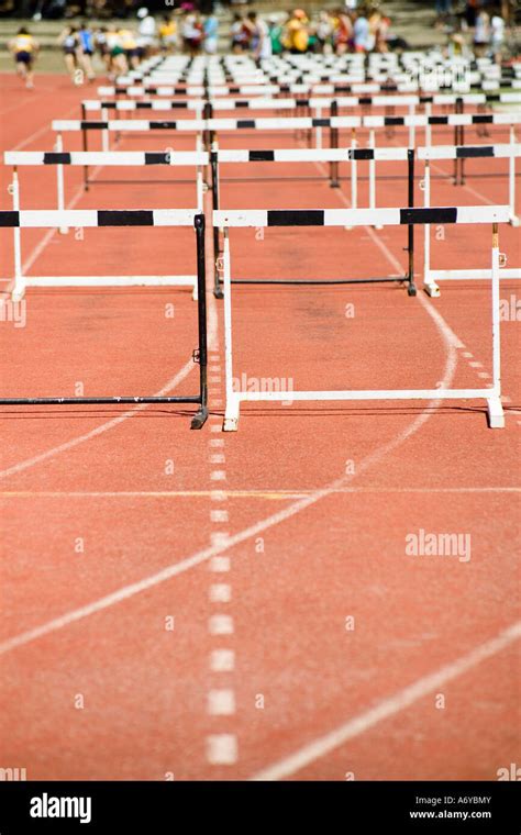 hurdles arranged   running track stock photo alamy