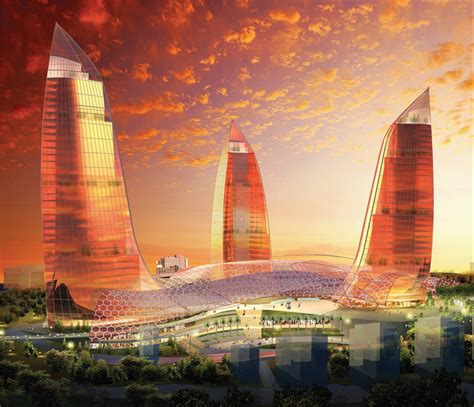 Futuristic architecture design buildings flame azerbaijan baku towers