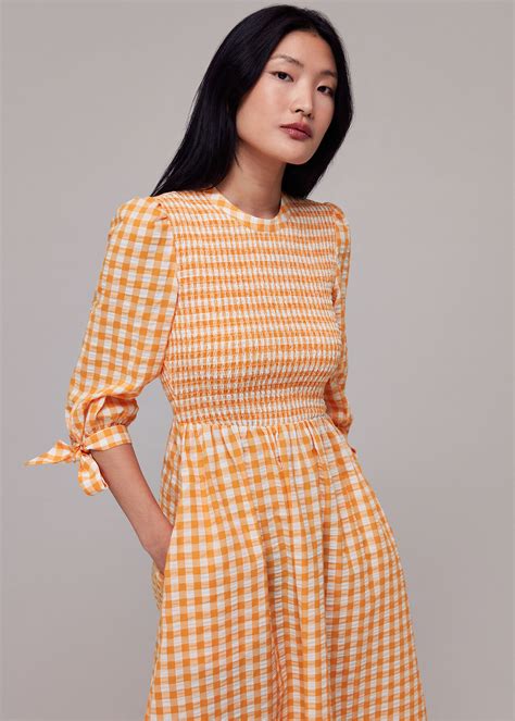 Orange/Multi Gingham Check Shirred Dress | WHISTLES | Whistles UK