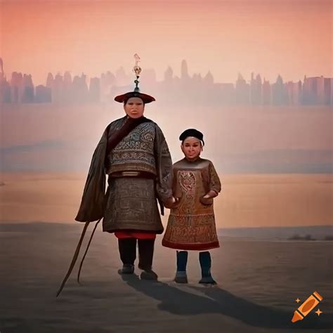 Traditional mongolian nomad family with cityscape backdrop