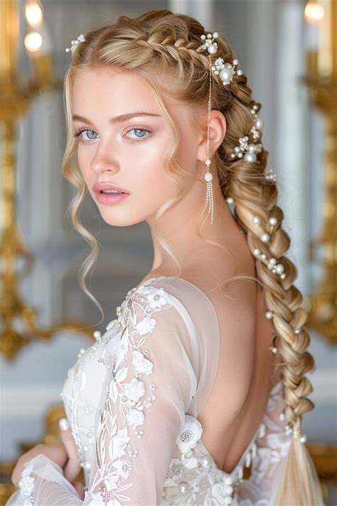 pearl embellished bridal braid  elegant floral details wedding