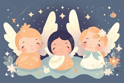 Cute Happy Baby Angels Cartoon Characters Sitting on a Clouds ...