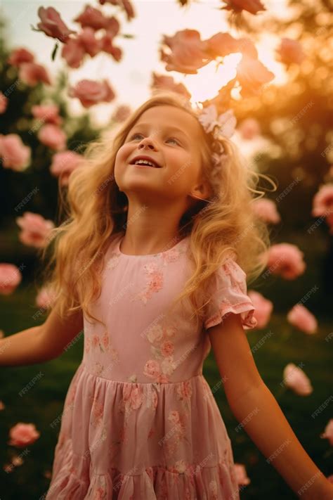 Premium AI Image | A little girl in a pink dress stands in a field of ...