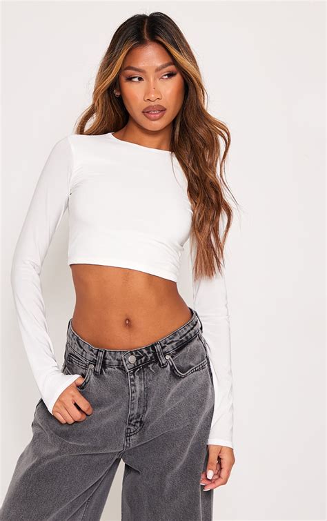 White Basic Slinky Long Sleeve Crop Top | Tops | PrettyLittleThing