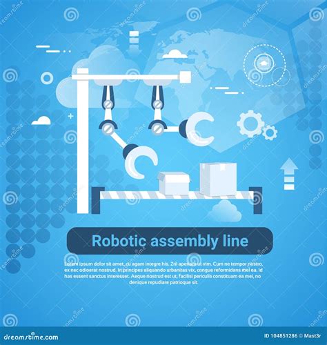 Robotic Assembly Line Web Banner with Copy Space on Blue Background