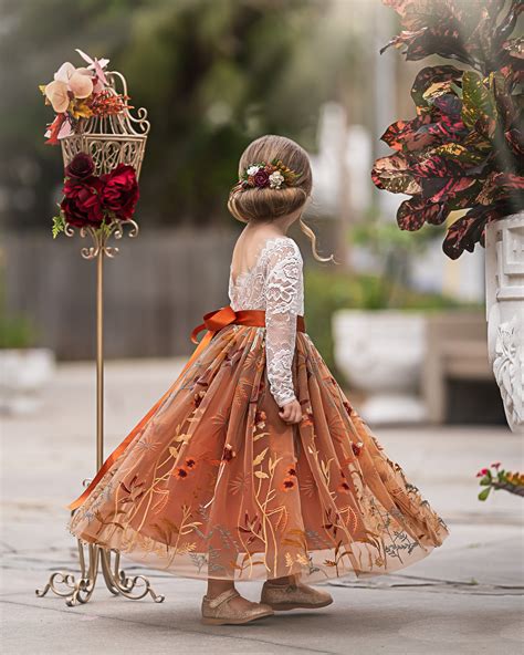 Burnt Orange tulle flower girl dress, Floral Flower Girl Dress, rustic