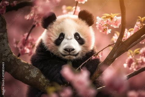 Cute baby panda sitting on a tree branch, surrounded by pink cherry ...