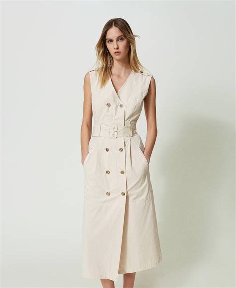 Abito longuette doppiopetto in popeline Donna, Beige | TWINSET Milano