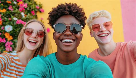 Diverse Teenagers Laughing and Taking Selfies Colorful Background Fun