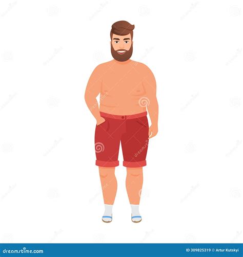 Young Fat Man with Naked Torso and Big Belly Standing, Wearing Beach