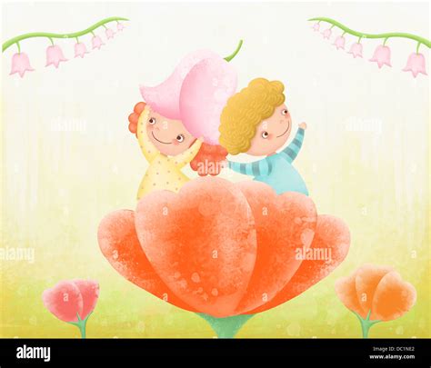 illustration of kids on tulip Stock Photo - Alamy