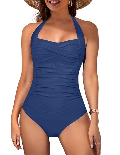 AI'MAGE Women's One Piece Bathing Suit Halter Neck Swimsuit Ruched