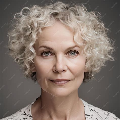 Portrait of a woman about 55 years old with curly white hair Concept of
