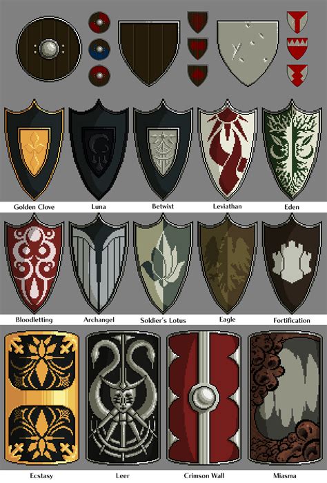 A collection of decorative shields. [OC] [CC] : r/PixelArt