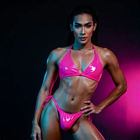 Sexy Thai Ladyboy in Neon Pink PVC Bikini | AI Art Generator | Easy