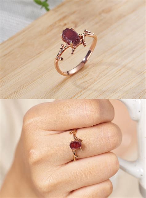 Rough Garnet Rose Gold Branch Ring, Rough Garnet, Rough Garnet Rose