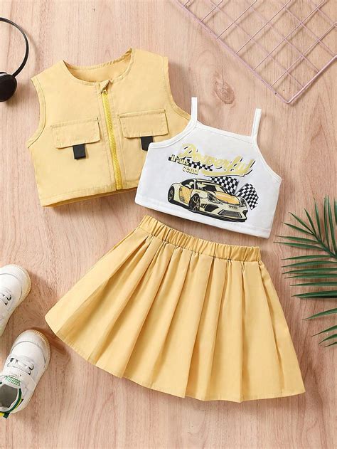 3pcs/Set Baby Girl Racing Car Themed Printed Cami Top, Zipper Vest And