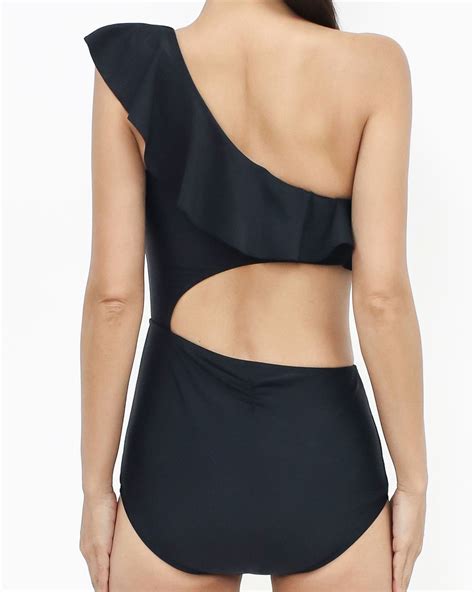 black cutout ruffles one shoulder one-piece swimwear *pre-order* – STYLEGAL
