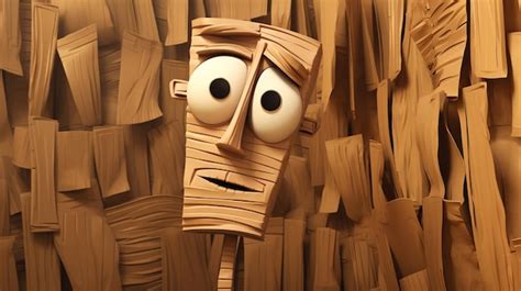 A paper man made out of many pieces of wood with a face drawn on it ...
