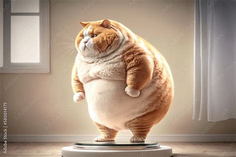 fat cat standing   scales   bright room ai generated stock