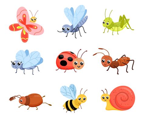 Cartoon insects set. Cute ant, grasshopper and snail. Childish vector