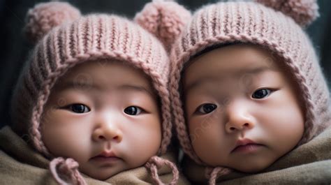 Two Pair Of Korean Born Babies Wearing Pink Knit Background, Baby Twins ...