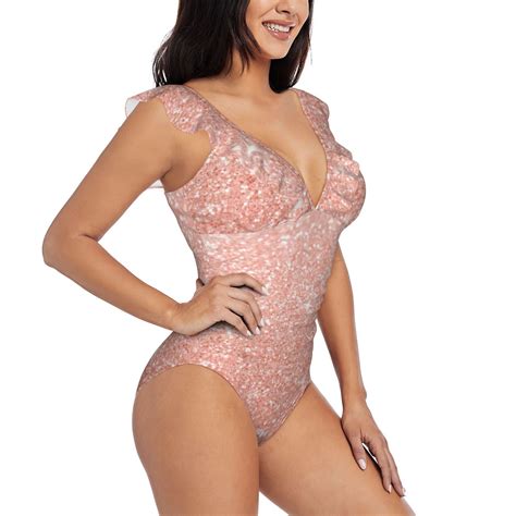 One Piece Swimsuit Women - Rose Gold Glitter Ruffle Tummy Control One