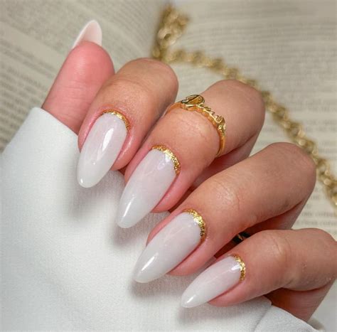 Unha De Gel Branca Com Dourado - Unhas Brancas Com Glitter Dourado Gel Irregular Para Unhas, Arte Em