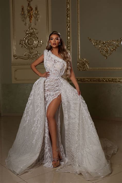 One Shoulder Pearl Embellished Gown with Detachable Overskirt – Walone LLC
