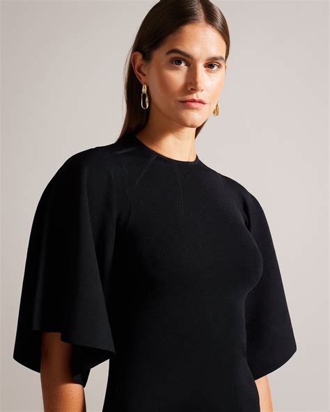 Buy Lounia Fluted Sleeve Knitted Bodycon Midi Dress Black For Women