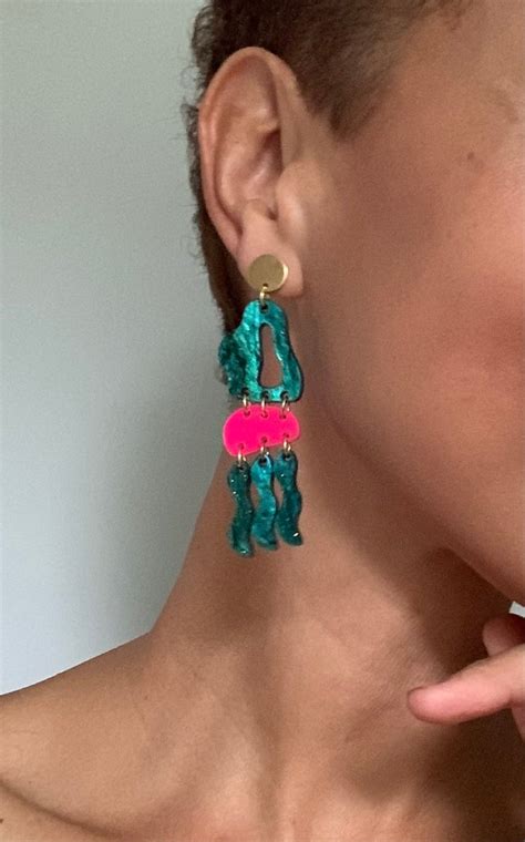 Dangle Emerald Green Earrings Emerald Green and Hot Pink - Etsy