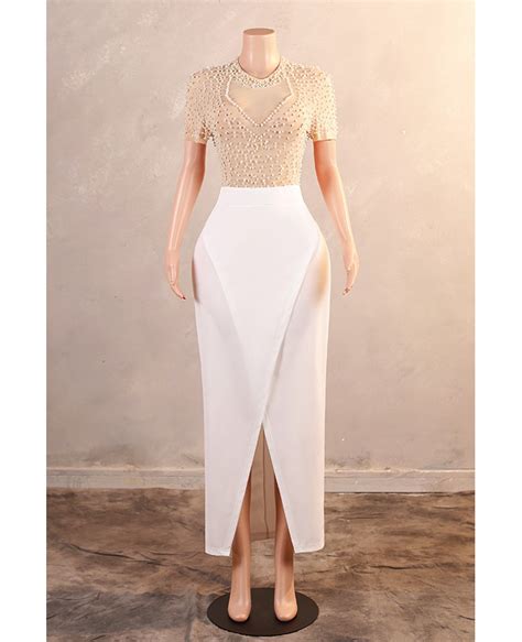 bodycon beaded pearls maxi party dress  short sleeves