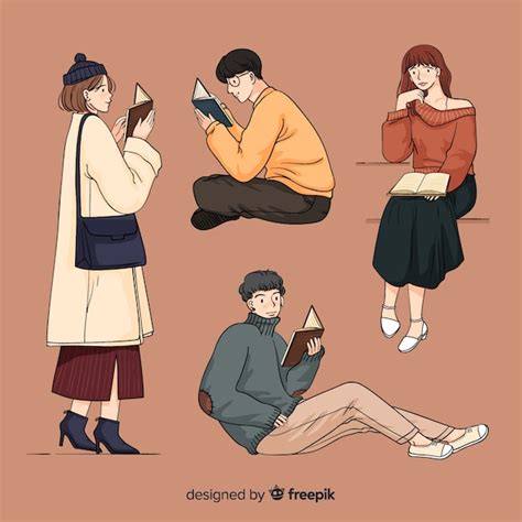 Free Vector | Young people reading in korean drawing style