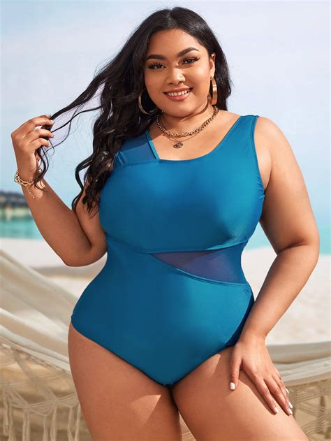 Plus Plain Contrast Mesh One Piece Swimsuit | Piece swimsuit, One piece