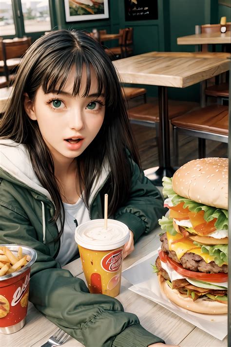 Arafed woman sitting at a table with a hamburger and fries - SeaArt AI