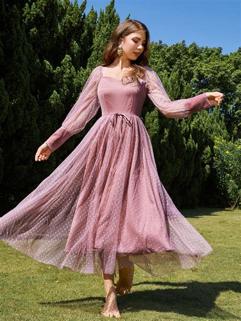 Sweetheart Neck Bishop Sleeve Tie Front Dobby Mesh Dress | Long sleeve