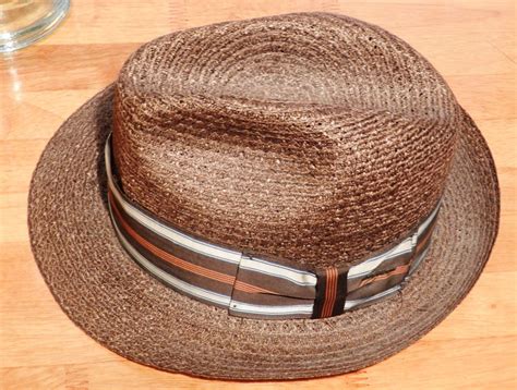 vintage stetson straw fedora  dark brown  multi color hatband