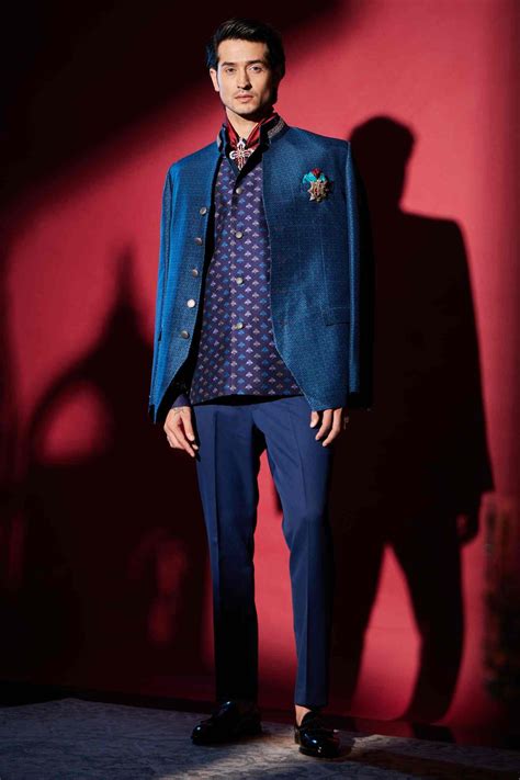 Buy Blue Flat Raw Silk Print Diametric Bandhgala Jacket For Men by