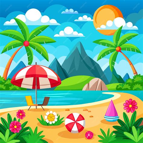Premium Vector | A cartoon illustration of a beach scene with a beach