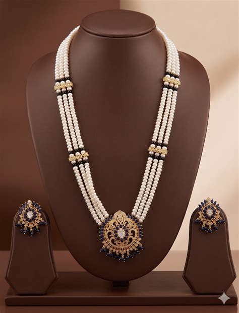 blue stone freshwater pearl rani haar necklace set premium pearl